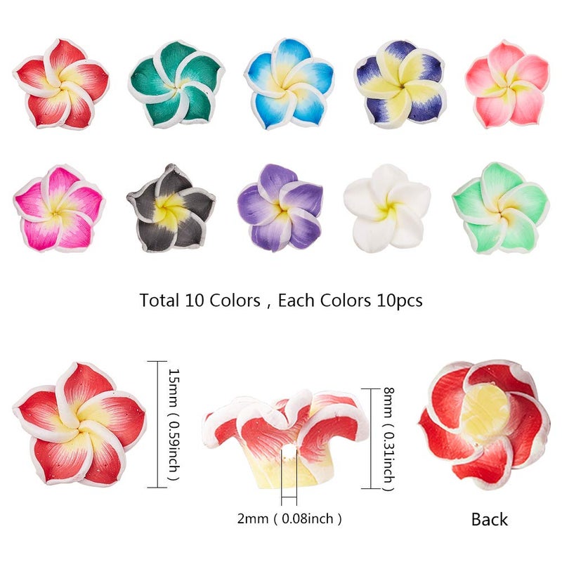 SUNNYCLUE 100Pcs 10 Color Polymer Clay Flower Beads Plumeria Spacer Loose Beads 15x8mm 5 Petal Summer Hawaii Floral Hawaiian Beach Spacer Charm Beads for Jewelry Earring Making Supplies DIY Craft - Image 2